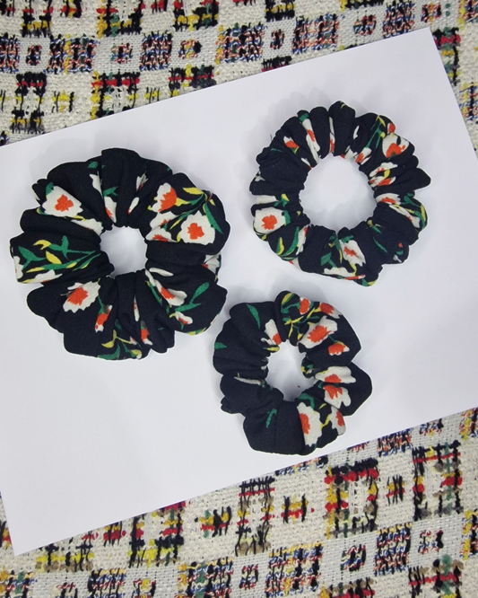 Upcycled Hair Scrunchie: Black with Flowers