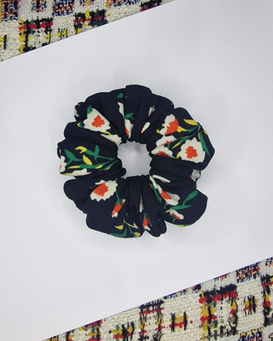 Upcycled Hair Scrunchie: Black with Flowers