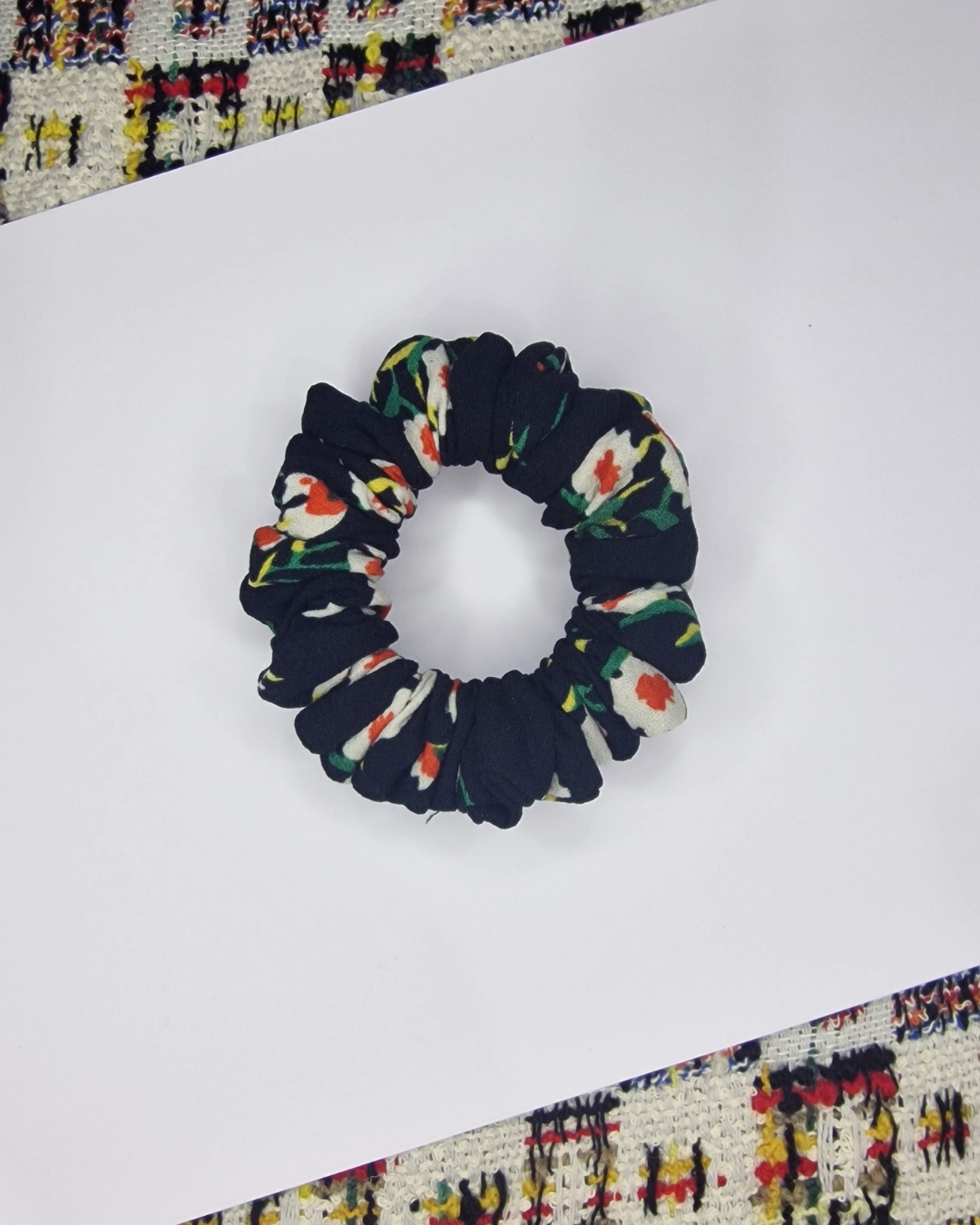 Upcycled Hair Scrunchie: Black with Flowers