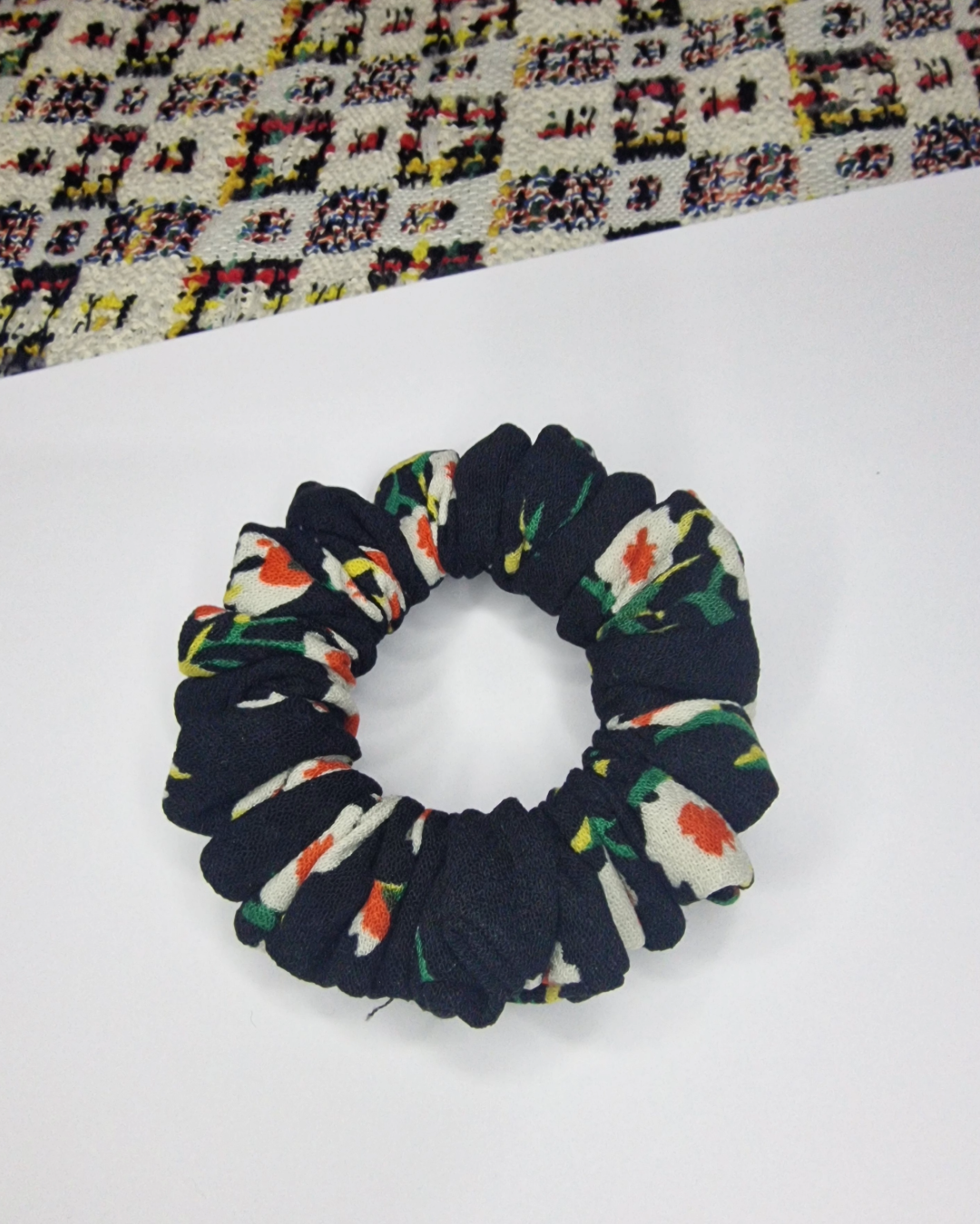 Upcycled Hair Scrunchie: Black with Flowers