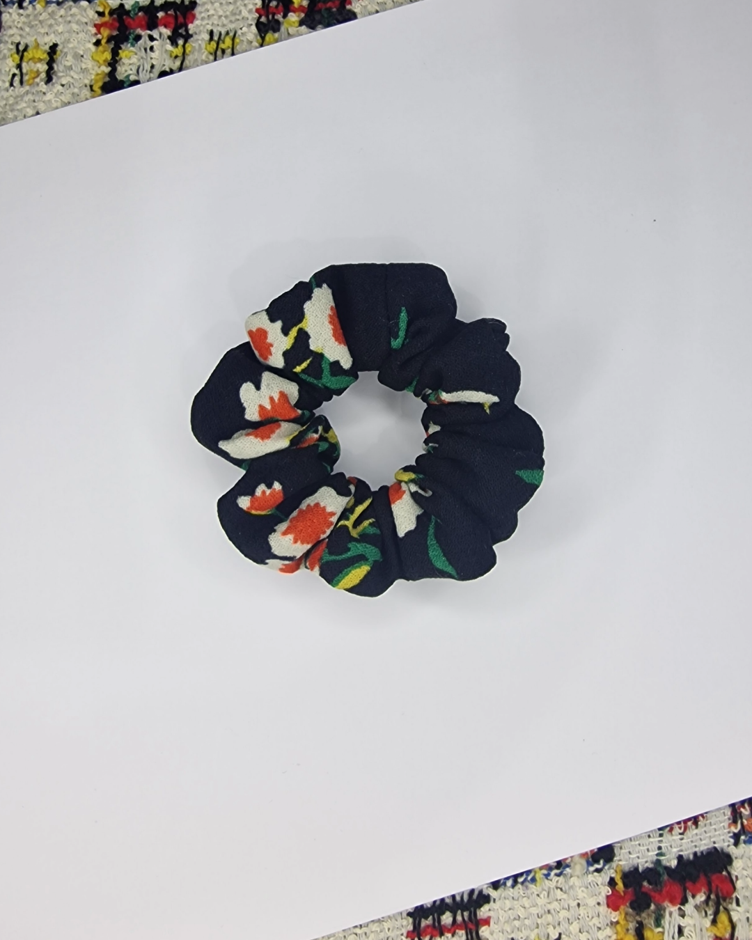 Upcycled Hair Scrunchie: Black with Flowers