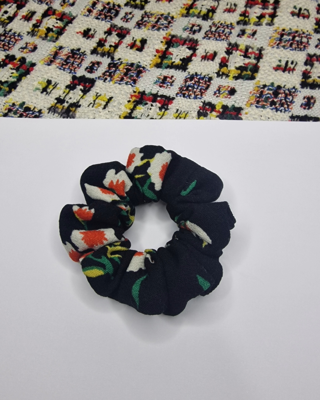Upcycled Hair Scrunchie: Black with Flowers
