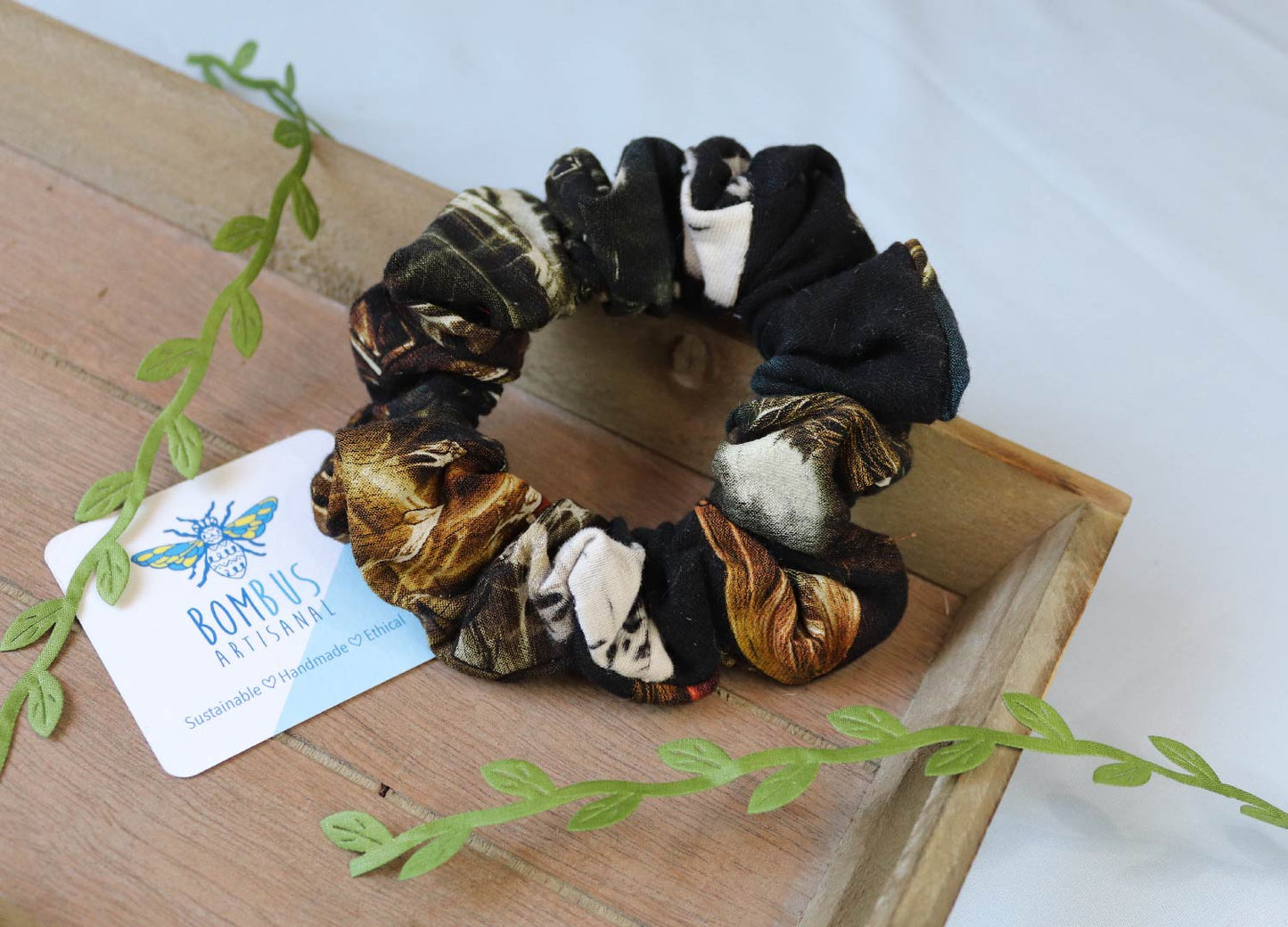 black patterned handmade hair scrunchie