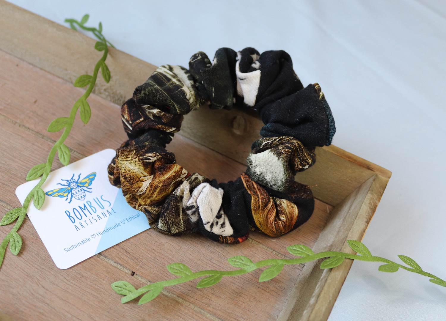 black patterned handmade hair scrunchie